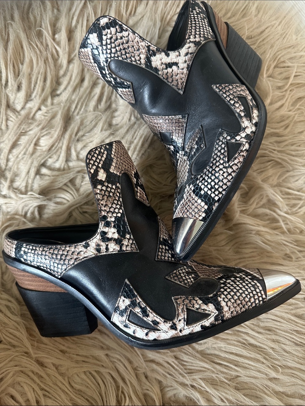 Gianni Bini Black and Taupe Snake-Print Western Mule with Silver Toe
